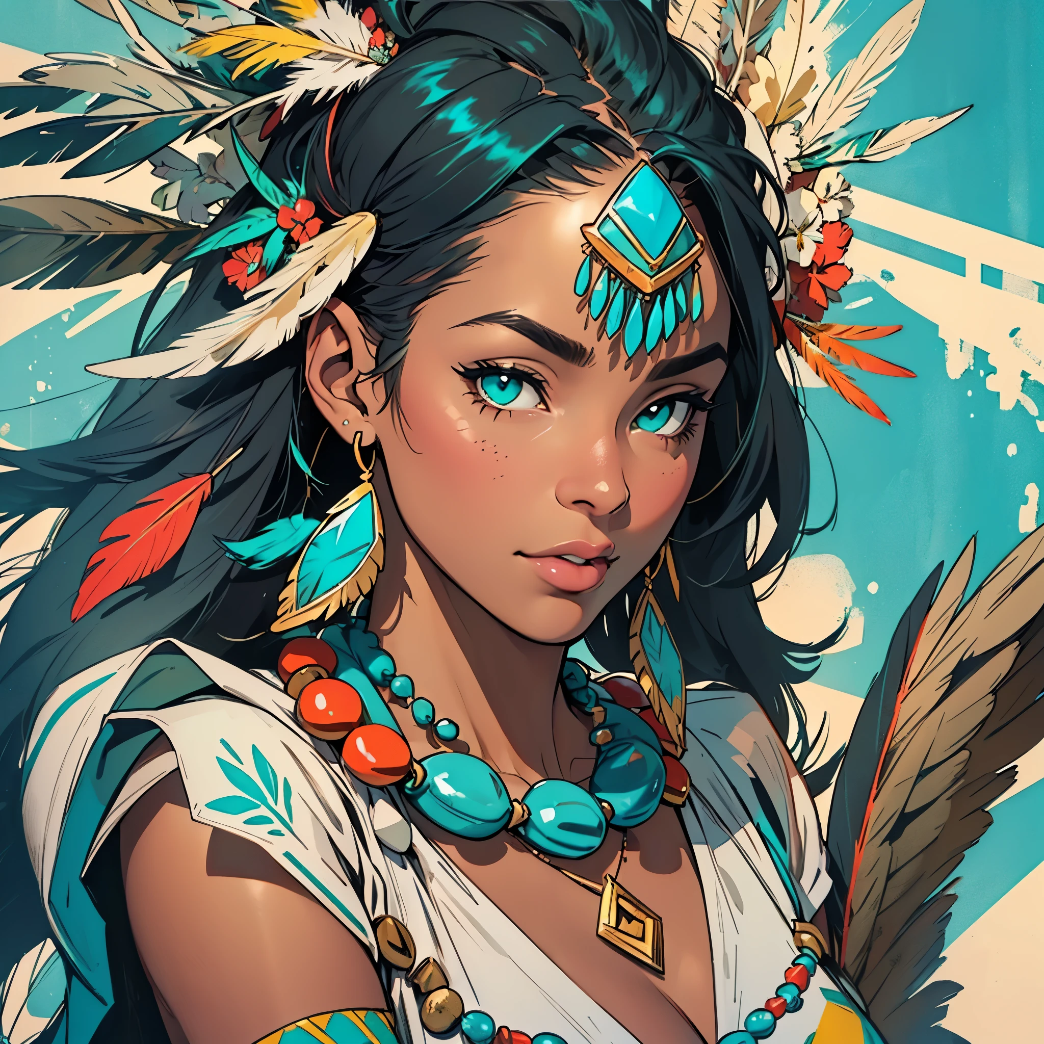 (((ultimate best quality))),((((solo:1.12)))),((((1girl:1.12)))),((((beautiful perfect woman)))),(((detailed perfect body, detailed perfect finger,detatiled perfect face))),(((bust up, close up))),(((((American comics))))),(((extreme highlights))),(((Extremely colorful, primary colors))),(cleavage, big breast)),(((perfect beautiful lady))),((((various angles))),((((detailed Indian,Tribe, Navajo, feather ornament)))),((((black skin)))),(((indigenous peoples))),(((owl,turquoise,Ivory Necklace)))