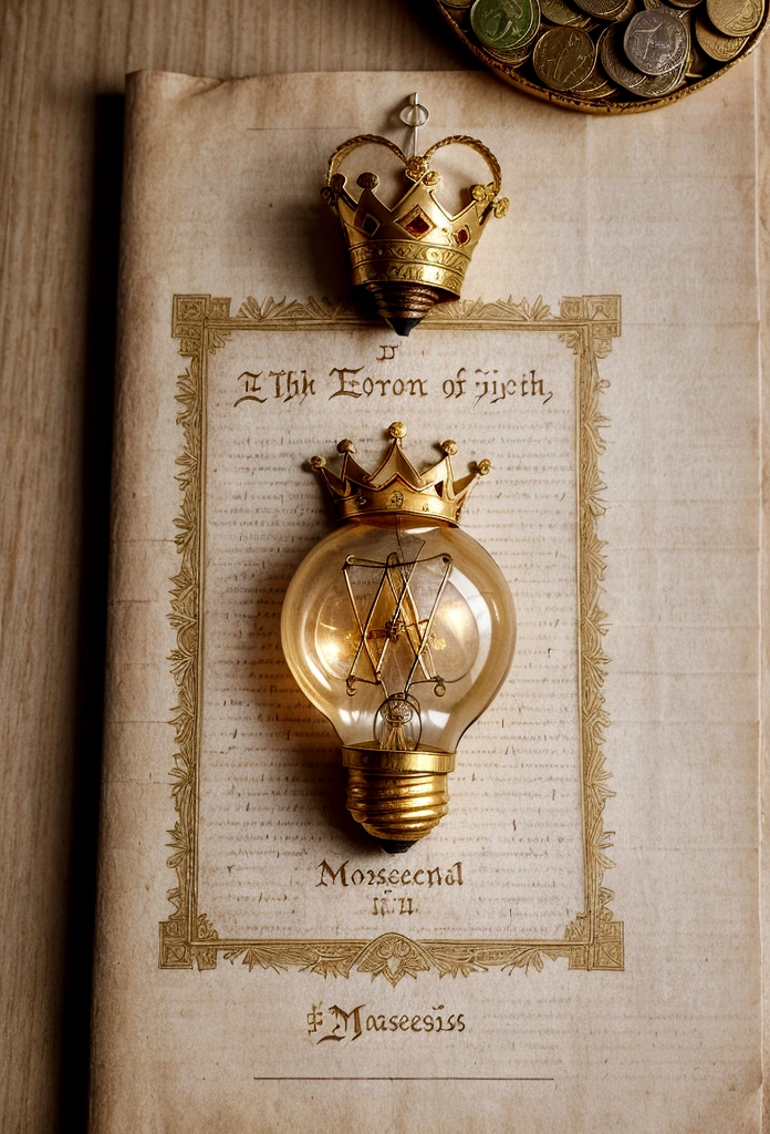 (Best Quality,4k,8k,high resolution,Masterpiece:1.2),ultra detailed,An open ancient parchment in the center of the image. In the background, an illustration of a classic library with shelves full of old books. In the center of the parchment, the title in gold and stylized letters: "The Millionaire Mentality". At the edges of the parchment, small golden icons representing ideas, money and success (For example, a light bulb, a bag of coins and a crown). on the bottom, smaller text: "Discover the power of your mind to achieve wealth."