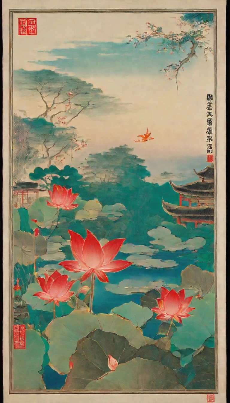 there is a poster with a picture of a lotus flower and a bird, by Miao Fu, by Jin Nong, heise jinyao,