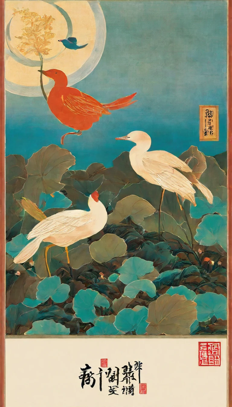 there is a poster with a picture of a lotus flower and a bird, by Miao Fu, by Jin Nong, heise jinyao,
