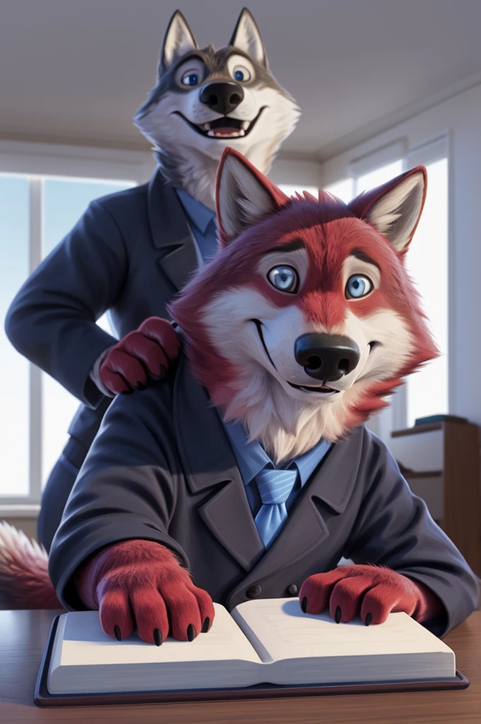 Ivan Wolfbach (Moscow),high,Beautiful,slim,24 years,wolf, red fur,high Beautiful wolf, 24 years,(red body:1.3),beautiful blue eyes,Moscow россия, shirt tie, trousers,canine, wolf, under the jacket, robe fur, male, antro, paw pads, finger claws, at viewer, 5 fingers, paws, 5 fingers,day,digital photography, soft focus,good mood,photorealism, realistic, photorealistic,digital style,from close to home accommodation, is sitting, writes a book, Poet, Very close to the camera, digital photography, smile позитив, good,mood,,close to the camera, дома квартире writes a book,  apartment table, computer, smile, laughter, добрый wolf , 
masterpiece, Best quality, ultra realistic, 8 k)