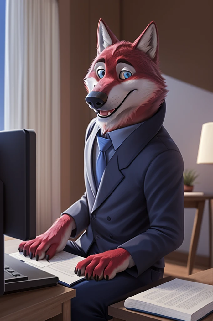 Ivan Wolfbach (Moscow),high,Beautiful,slim,24 years,wolf, red fur,high Beautiful wolf, 24 years,(red body:1.3),beautiful blue eyes,Moscow россия, shirt tie, trousers,canine, wolf, under the jacket, robe fur, male, antro, paw pads, finger claws, at viewer, 5 fingers, paws, 5 fingers,day,digital photography, soft focus,good mood,photorealism, realistic, photorealistic,digital style,from close to home accommodation, is sitting, writes a book, Poet, Very close to the camera, digital photography, smile позитив, good,mood,,close to the camera, дома квартире writes a book,  apartment table, computer, smile, laughter, добрый wolf , 
masterpiece, Best quality, ultra realistic, 8 k)