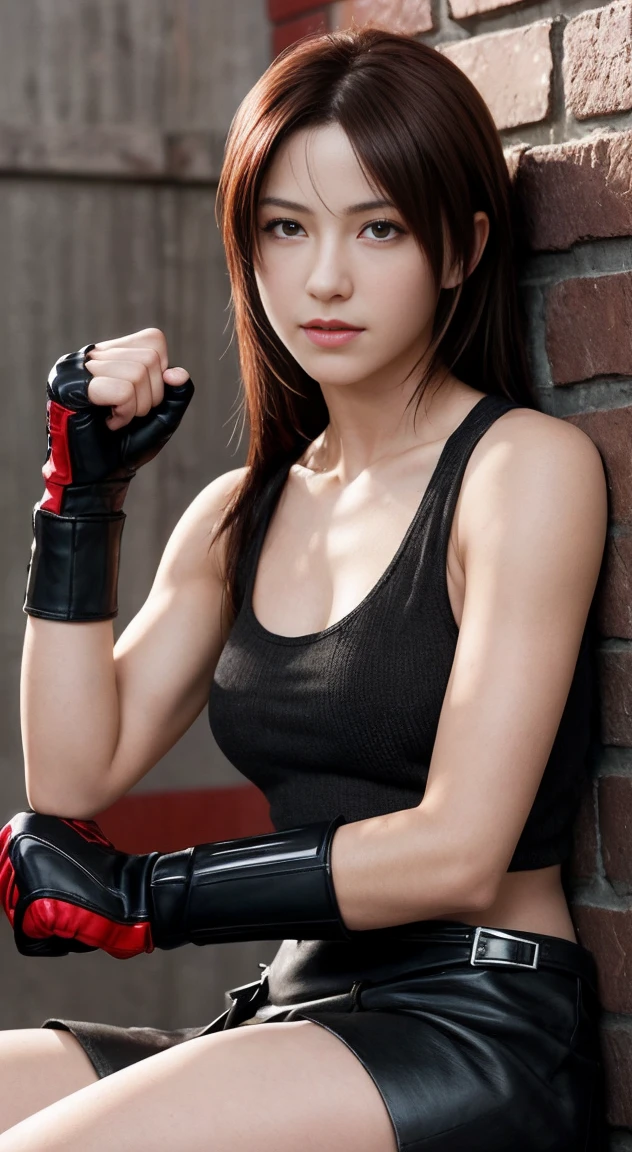 Tifa Lockhart sitting in front of a large block wall, Delicate face, Detailed face, Gentle smile on the face, Perfect body, Ultra-realistic texture,((See your whole body from head to toe)),Reddish brown eyes, White tank top, Black Mini Skirt, Black suspenders, Red Boots, fingerless black gloves, Black arm guards on both arms, Martial arts style, A lean, muscular body, Strong Will, Feeling for friends, Kind-hearted, Very powerful in battle, Fight with bare hands, Punching gloves used, Use Knuckle Duster