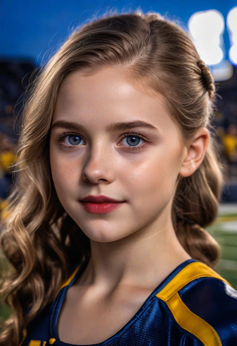 1girl, McKenna Grace, full length portrait, 9:16 aspect ratio wide angle lens, University of Michigan cheerleader uniform by Under Armor, sheer shiny shimmering silky tan pantyhose by L'eggs, 5 inch maize high heeled pumps by Louis Vuitton, holding pompoms, cheering at Michigan Stadium, beautiful detailed eyes, beautiful detailed lips, extremely detailed face and eyes, long eyelashes, night time, red lipstick, hair in ponytail, (best quality,4k,8k,highres,masterpiece:1.2),ultra-detailed,(realistic,photorealistic,photo-realistic:1.37),HDR,UHD,studio lighting,ultra-fine painting,sharp focus,physically-based rendering,extreme detail description,professional,vivid colors,bokeh,portraits