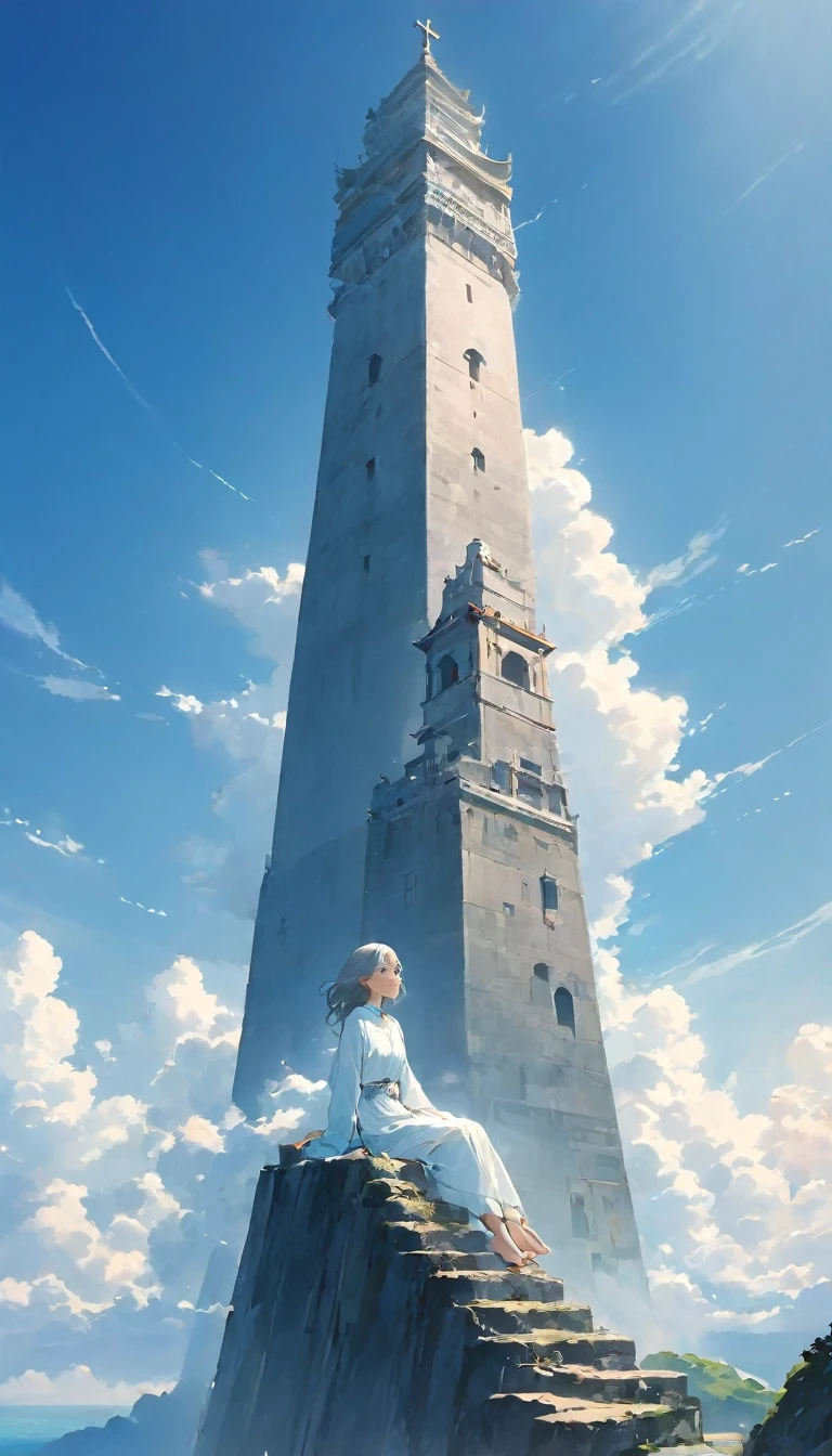 finely detailed illustration, best quality, masterpiece, vibrant color,High resolution、８ｋ、pretty girl、One Girl、Highest quality、masterpiece、A thin tower stretching high into the sky、Cylindrical tower、sea of clouds、blue sky、Sitting cross-legged、Hair blowing in the wind、Gray Hair、Girl staring into the distance、White clothes、barefoot、Full body angle、sea of clouds