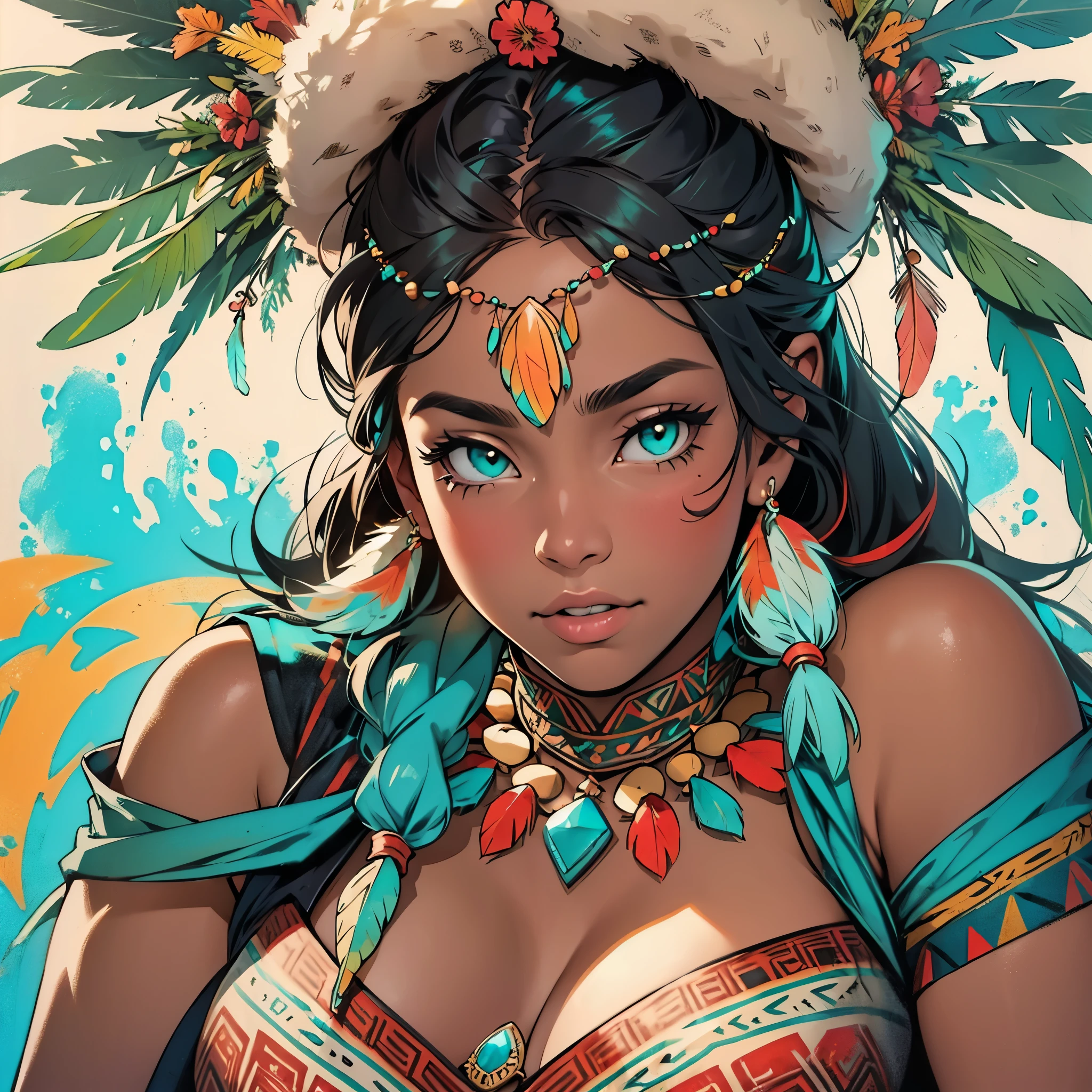 (((ultimate best quality))),((((solo:1.12)))),((((1girl:1.12)))),((((beautiful perfect woman)))),(((detailed perfect body, detailed perfect finger,detatiled perfect face))),(((bust up, close up))),(((((American comics))))),(((extreme highlights))),(((Extremely colorful, primary colors))),(cleavage, big breast)),(((perfect beautiful lady))),((((various angles))),((((detailed Indian,Tribe, Navajo, feather ornament)))),((((black skin)))),(((indigenous peoples))),(((owl,turquoise,Ivory Necklace)))