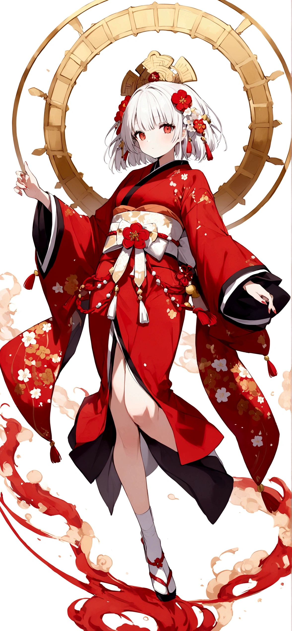 White background、Red kimono、White Hair、Red eyes、Plum blossom accessories、25 year old sister、whole body