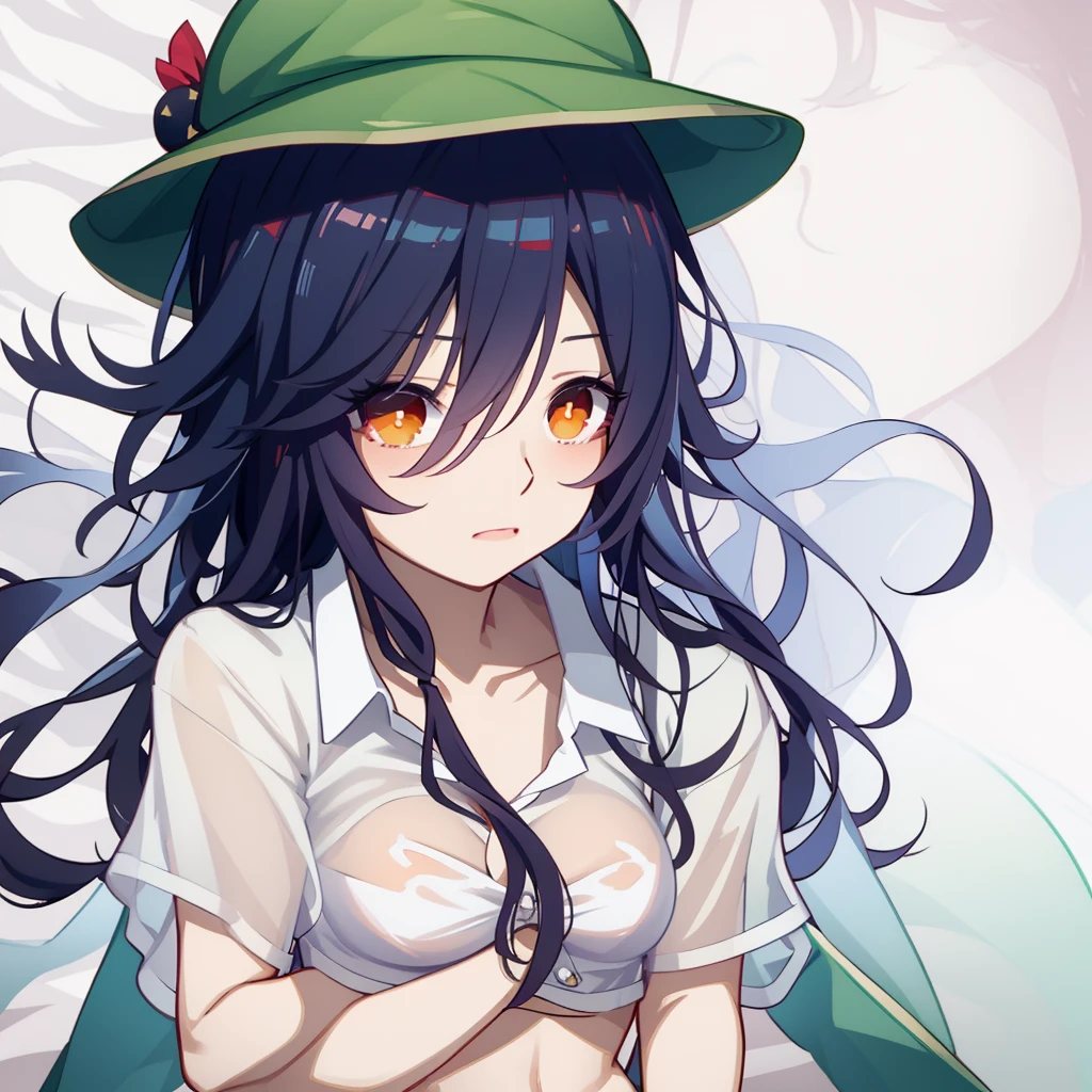 Cute, anime girl, green transparent see through shirt, no bra under shirt, no pants, no panties, vagina showing, wet dripping pussy, oily, very wet, large breasts, blue to red to white gradient hair, blushing, horny, wearing hat, the words “i love cum” written on shirt, in bed