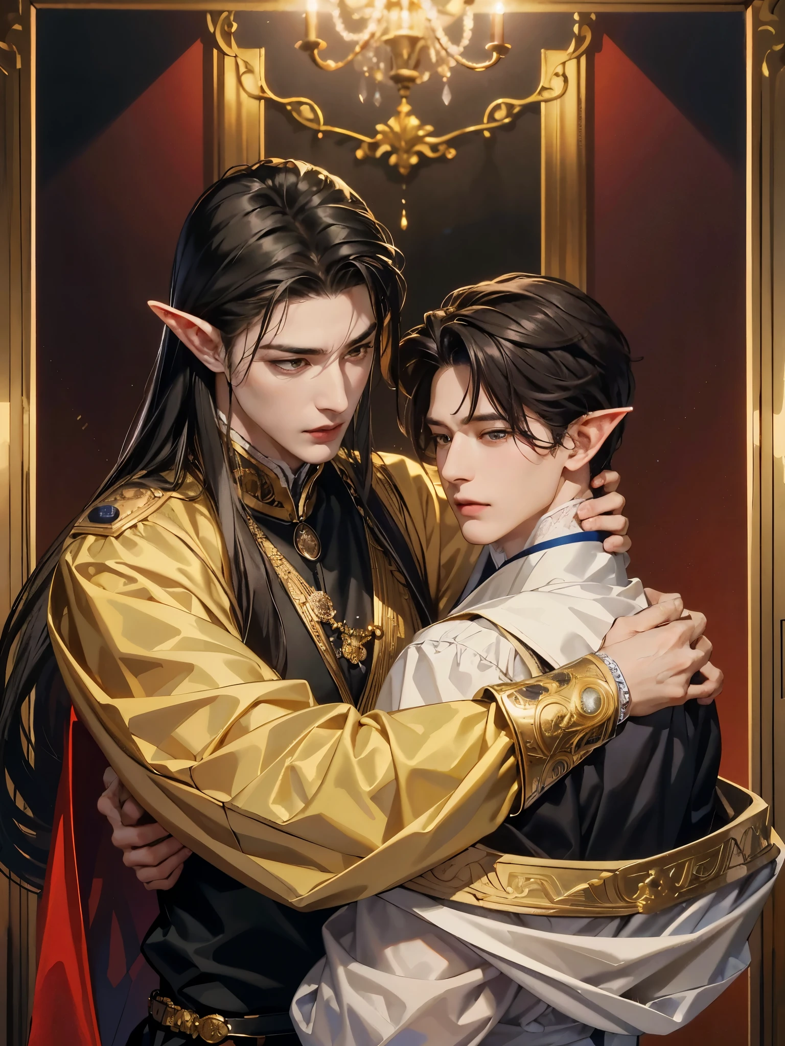absurd, high resolution, Extremely detailed, A man hugging a man with black hair and golden eyes,Emphasis on men,Handsome、European style clothing、Elf,Beautiful and delicate face,High quality details,Upper Body,
