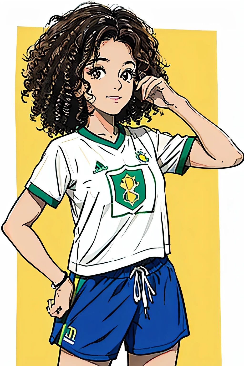 Brazilian girl with curly hair, tanned skin, With shirt of the Brazilian National Team