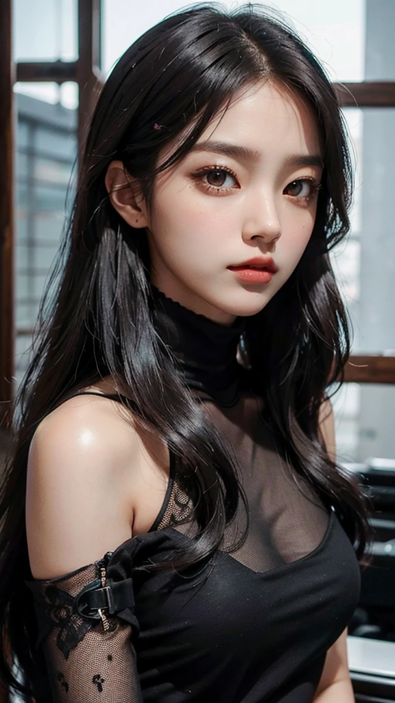 Beutiful woman corean
   - **Hair:** jet black, Straight and long.
   - **Eyes:** Large and expressive, dark brown color.
   - **visual style:** She has a beauty that combines the elegance of Tzuyu from TWICE and the sweetness of Jisoo from BLACKPINK, being highlighted as the visual of the group.
