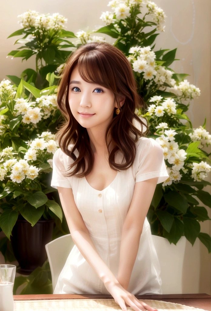 (Highest quality, 8k wallpaper, Tabletop, Ultra HD: 1.3), Women in reality、A woman around 25 years old,Japanese women、Beautiful skin,healthy, 100cm bust, Brown Hair, Shortcuts, Slim figure, Delicate lips, Beautiful Eyes, double eyelid, Beautiful feet ,A short white T-shirt above the waist,masutepiece,Super detailed,Attention to detail,High resolution,Perfect dynamic composition,Women's Fashion Summer,smile,Seaside,Facing forward,canon RF85mm F1.2 L USM,Lighting on face,Beautiful detailed eyes、light makeup、attractive、超High resolution、Surreal、Very detailed、Golden Ratio、(Detail Makeup:1.2),Smiling happily
