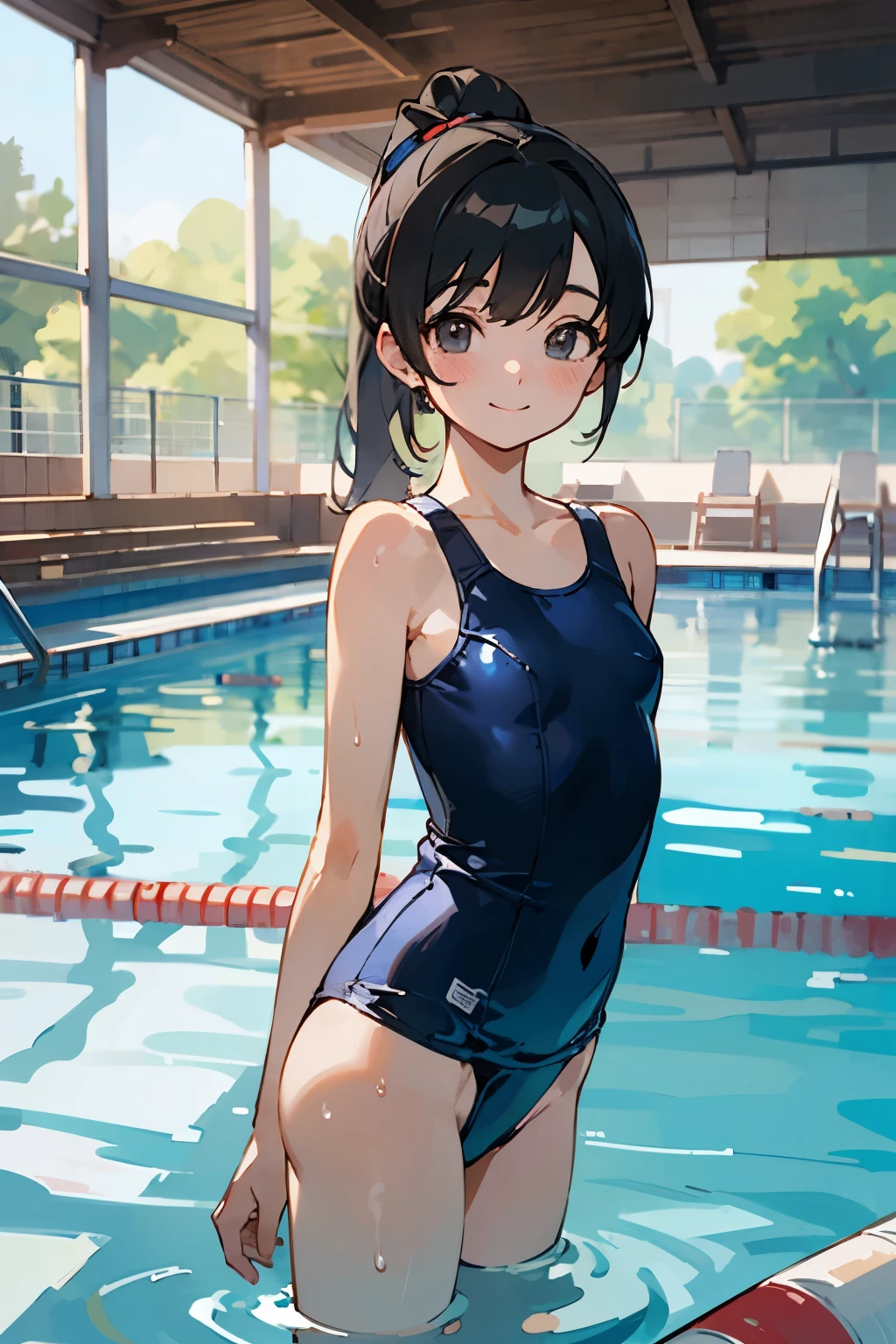 NSFW、In the best quality、Teenage girl standing in swimming pool。In high resolution、Beautiful details、Quiet atmosphere。Black hair ponytail、Cute Smile.。Small breasts、School Swimsuit。