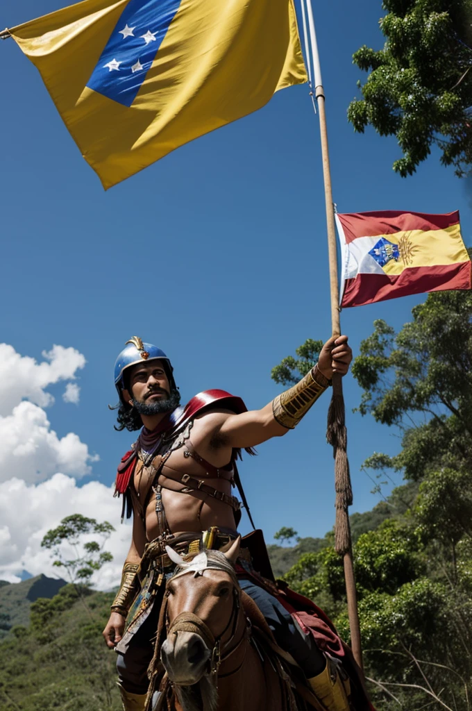Legendary warrior with the flag of Venezuela raised high, crossing the jungle el dariel.