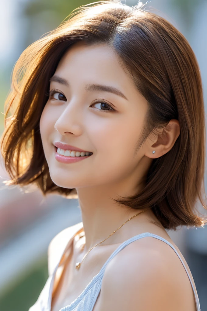 Front view,(((Masamisuno))),(in 8K, top-quality, masterpiece:1.3, 超A high resolution, A hyper-realistic), high detailing, ((Face like the real thing)), Photorealsitic, Raw foto, ((one beautiful women)), 27yo, Detailed face, beautidful eyes, realisticeyes, Eyes in Beautiful Details, (real looking skin), Beautiful skins, enticing, depth of fields, hight resolution, High pixel count, clear details, sharp photo, Natural color reproduction, Noise Reduction, High fidelity, quality, Software Updates, Optimized algorithms, Stylish café terrace, Everyday clothes, Neat and clean clothing, perfect bodies, face perfect, perfect chest, perfect teeth, Perfect tooth alignment, , Sexy lips, Ears are visible, Looking away, Natural perspective, (Don't look into the viewer's eyes), a smile, kindly smile, Beautiful skins, enticing, the golden ratio, (Detal Face:1.2), profetional lighting, Lighting the face, best light, japanes,japanaese girl, Photo of a cute Japanese woman, Small necklace, Thin Silver Necklace, simple background, (Photo from the front side view:1.2), Casual pose, Short hair swaying in the wind