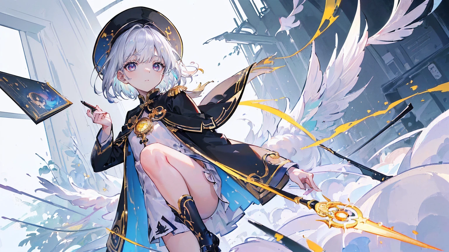 (Super detailed)),((illustration)),((masterpiece)),(((need))),((fine、Highest quality CG Unity 8K wallpapers,masterpiece),((4K,masterpiece,best quality)),Girl with short silver hair,flat chest,Gold and silver eyes,Golden Apprentice Uniform,Black short cape,Berets,Black shoes,White Silk,Monocle,The walls are covered with self-portraits,身边有rainbow,将画笔戳向rainbow中,Exhaustion,Overworked,There is a drawing board in front of me,In a white room,Paint condensed in the air,rainbow,individual,Full body picture