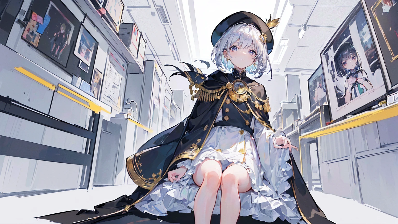 (Super detailed)),((illustration))，((masterpiece)),(((need))),((fine、Highest quality CG Unity 8K wallpapers，masterpiece），（（4K，masterpiece，best quality）），Girl with short silver hair，flat chest，Gold and silver eyes，Golden Apprentice Uniform，Black short cape，Berets，Black shoes，White Silk，Monocle，The walls are covered with self-portraits，身边有rainbow，将画笔戳向rainbow中，Exhaustion，Overworked，There is a drawing board in front of me，In a white room，Paint condensed in the air，rainbow，individual，Full body picture