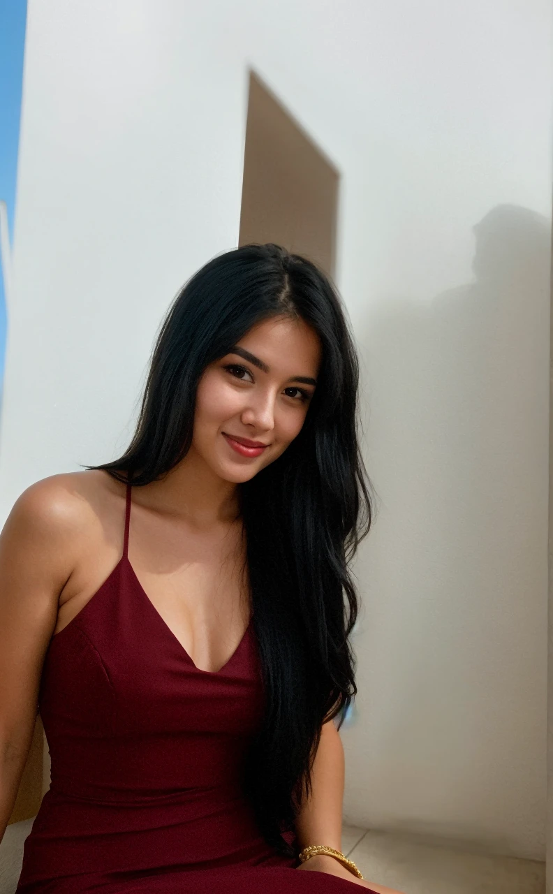 RAW photo, face portrait photo of beautiful 26 y.o woman, cute face, wearing black dress, happy face, hard shadows, cinematic shot, dramatic lighting