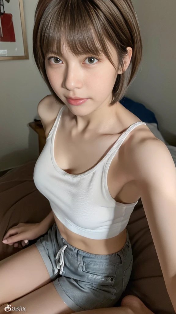 ((8k, RAW photo, best quality, masterpiece: 1.2)), (realistic, photorealistic: 1.37), (selfie:1.2, from above, looking at viewer), NSFW, 1 girl, Japan, White tank top, Gray short pants, Bob cut, brown hair, in a bedroom, cowboy shot
