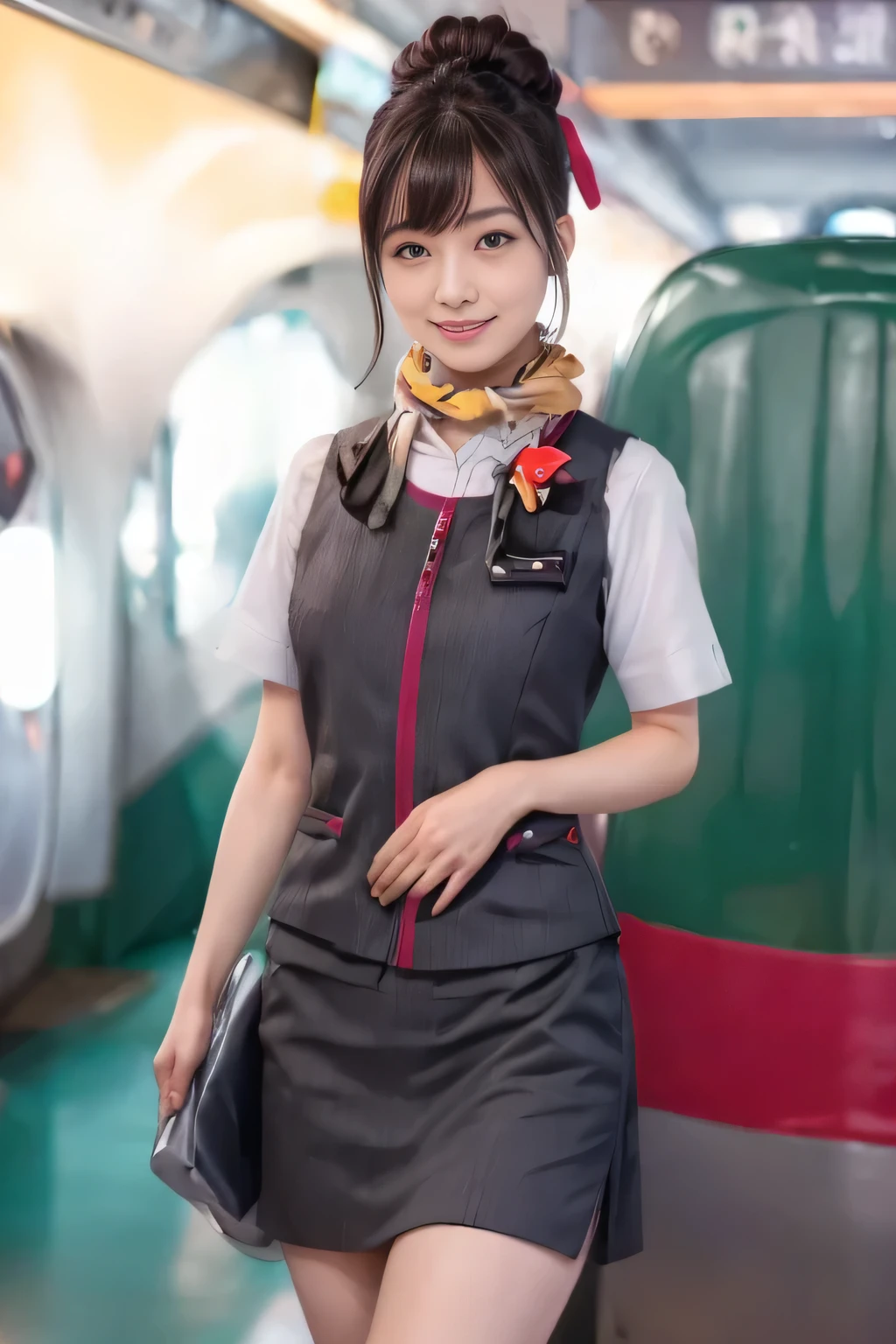(masterpiece:1.2, Highest quality:1.2), 32k HDR, High resolution, (alone、One girl)、(At the station platform、Professional Lighting)、Empty train station platform background、(Realistic style of JR Gran Class crew uniform)、Short sleeve blouse、a scarf around the neck、(JR Gran Class flight attendant uniform with pink parts on the skirt sleeves)、(The uniform of a flight attendant in JR Gran Class has a pink line on the front zipper of the vest.)、Dark brown hair、(Chignon、Hair tied up)、Dark brown hair、Long Shot、Big Breasts、((Great hands:2.0)),((Harmonious body proportions:1.5)),((Normal limbs:2.0)),((Normal finger:2.0)),((Delicate eyes:2.0)),((Normal eyes:2.0)))、Big Breasts、Luxury Necklace、smile、Beautiful standing posture,Place your hands around your stomach