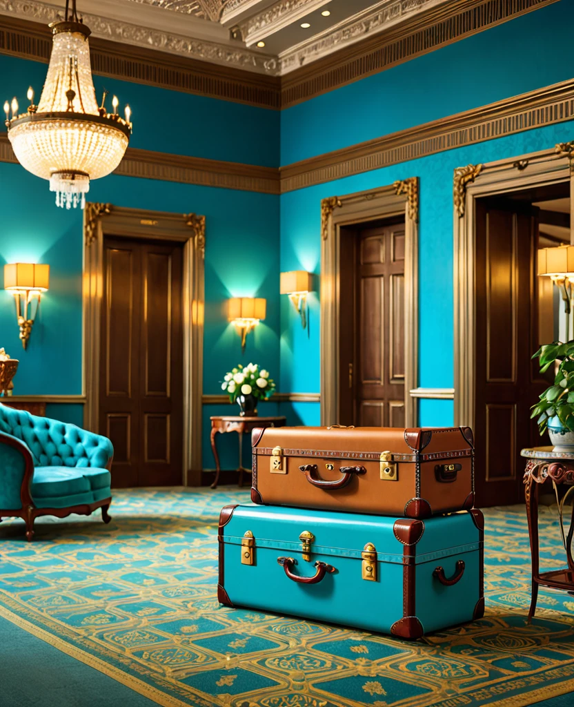detailed 1900s styled hotel interior, rich traveler with 1900s styled clothes, carrying antique 1900s style trunks, cyan colors, (best quality,4k,8k,highres,masterpiece:1.2),ultra-detailed,(realistic,photorealistic,photo-realistic:1.37),HDR,UHD,studio lighting,ultra-fine painting,sharp focus,physically-based rendering,extreme detail description,professional,vivid colors,bokeh,interior,hotel lobby,ornate furniture,antique luggage,1900s fashion,1900s era,elegant,opulent,luxurious,intricate details,dramatic lighting,cyan tones,sophisticated,high-end