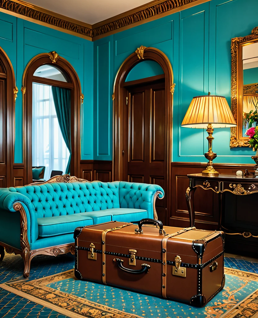 detailed 1900s styled hotel interior, rich traveler with 1900s styled clothes, carrying antique 1900s style trunks, cyan colors, (best quality,4k,8k,highres,masterpiece:1.2),ultra-detailed,(realistic,photorealistic,photo-realistic:1.37),HDR,UHD,studio lighting,ultra-fine painting,sharp focus,physically-based rendering,extreme detail description,professional,vivid colors,bokeh,interior,hotel lobby,ornate furniture,antique luggage,1900s fashion,1900s era,elegant,opulent,luxurious,intricate details,dramatic lighting,cyan tones,sophisticated,high-end