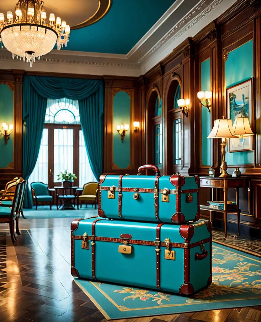 detailed 1900s styled hotel interior, rich traveler with 1900s styled clothes, carrying antique 1900s style trunks, cyan colors, (best quality,4k,8k,highres,masterpiece:1.2),ultra-detailed,(realistic,photorealistic,photo-realistic:1.37),HDR,UHD,studio lighting,ultra-fine painting,sharp focus,physically-based rendering,extreme detail description,professional,vivid colors,bokeh,interior,hotel lobby,ornate furniture,antique luggage,1900s fashion,1900s era,elegant,opulent,luxurious,intricate details,dramatic lighting,cyan tones,sophisticated,high-end