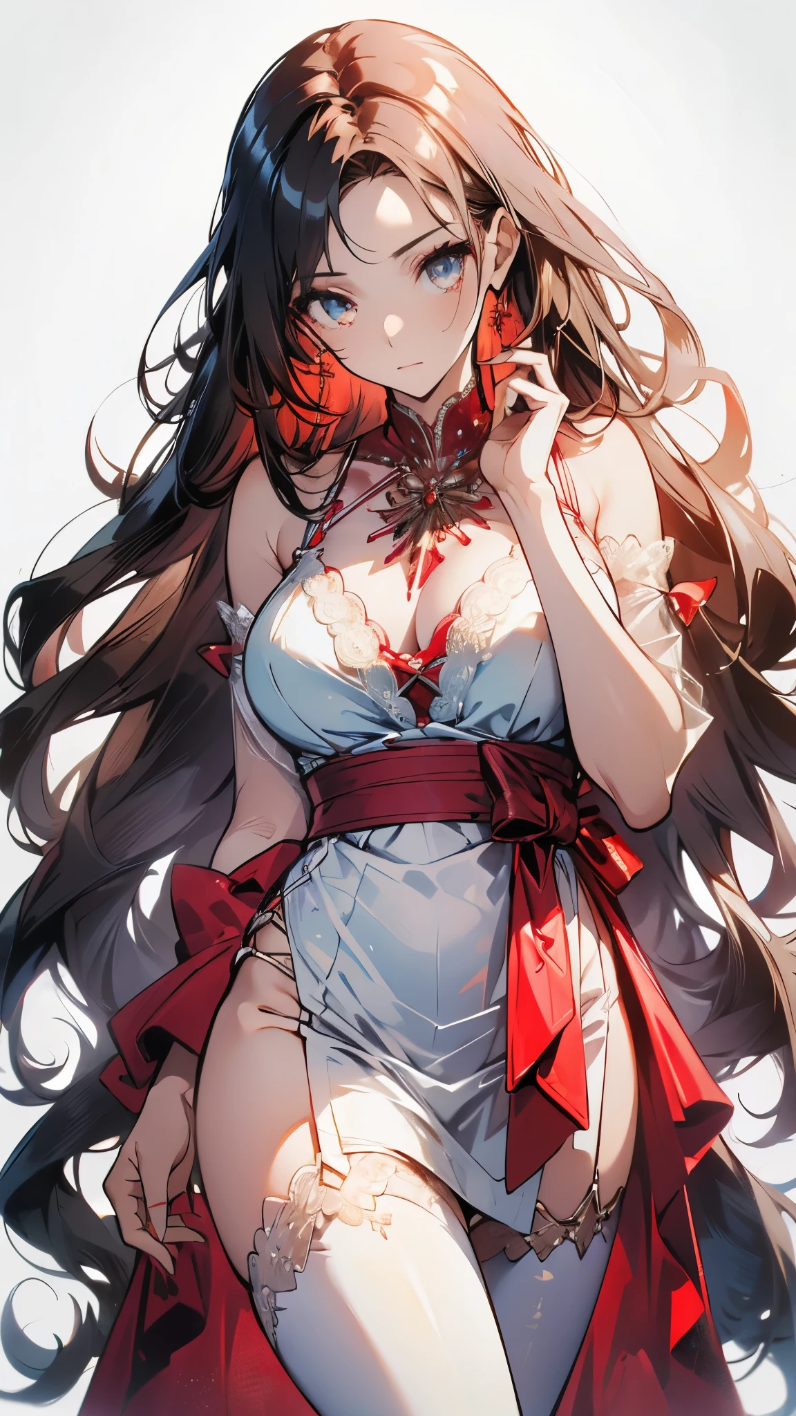 ((masterpiece, best quality)), Delicate face，magician，Gold and red，whole body，Standing picture，Long legs，Large Breasts，Gradient long wavy hair，Perfect body proportions，beautiful eyes，Extremely beautiful，transparent， Pure white background，crystal，Sexy Lingerie，Lace，Garter