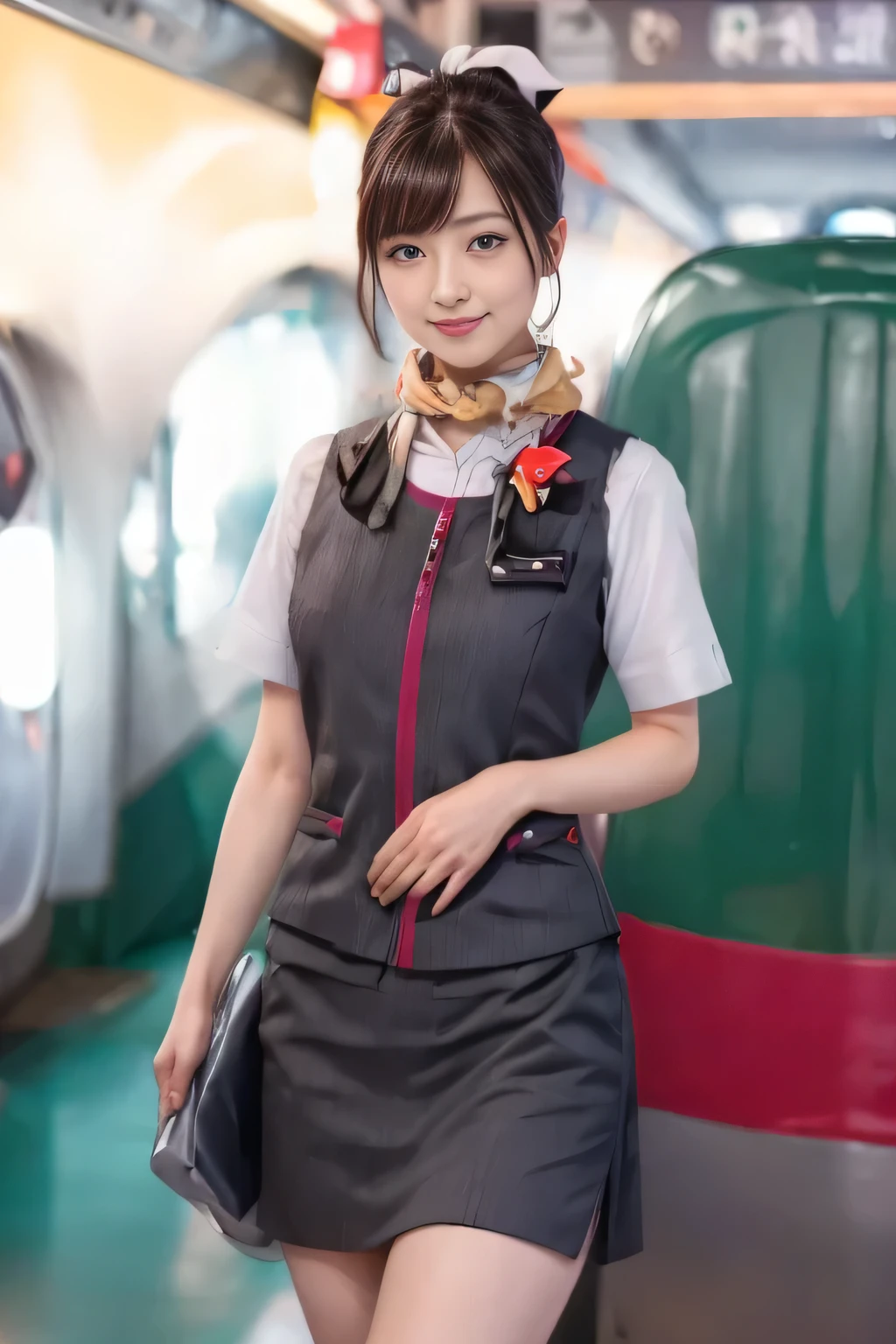 (masterpiece:1.2, Highest quality:1.2), 32k HDR, High resolution, (alone、One girl)、（At the station platform、Professional Lighting）、Empty train station platform background、（Realistic style of JR Gran Class crew uniform）、Short sleeve blouse、a scarf around the neck、（JR Gran Class flight attendant uniform with pink parts on the skirt sleeves）、（The uniform of a flight attendant in JR Gran Class has a pink line on the front zipper of the vest.）、Dark brown hair、（Chignon、Hair tied up）、Dark brown hair、Long Shot、Big Breasts、（（Great hands：2.0）），（（Harmonious body proportions：1.5）），（（Normal limbs：2.0）），（（Normal finger：2.0）），（（Delicate eyes：2.0）），（（Normal eyes：2.0））)、Big Breasts、Luxury Necklace、smile、Beautiful standing posture,Place your hands around your stomach