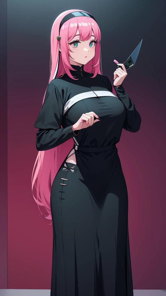 a girl cyber nun beautiful intelligent long pink hair wavy her green eye wearing virtual lens blue helmet micro dresses nun long dress and a long black skirt she shows digital hand