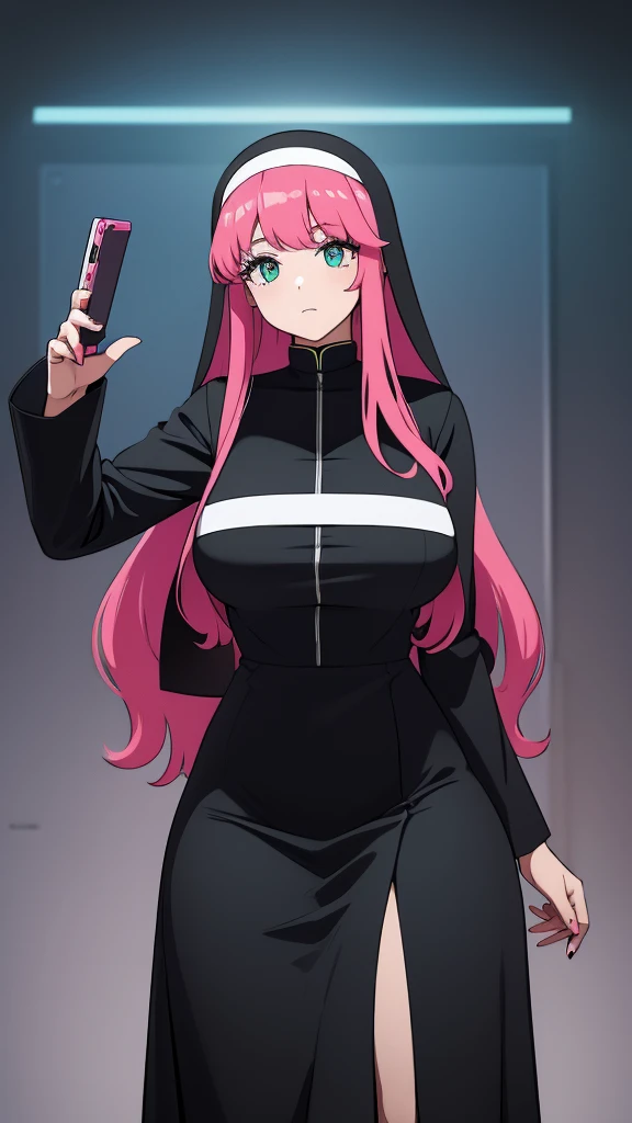 a girl cyber nun beautiful intelligent long pink hair wavy her green eye wearing virtual lens blue helmet micro dresses nun long dress and a long black skirt she shows digital hand