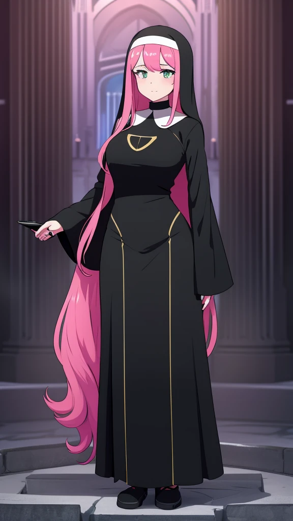 a girl cyber nun beautiful intelligent long pink hair wavy her green eye wearing virtual lens blue helmet micro dresses nun long dress and a long black skirt she shows digital hand