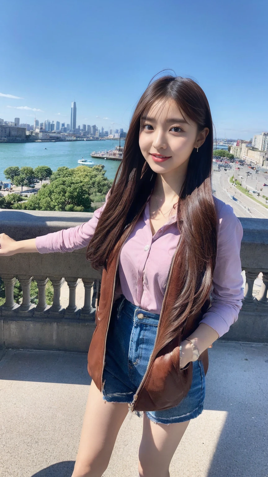 photograph , 16K , Live action , hyper realistic , best quality , Full body. Realistic in detail , Background is the city. Nice weather. Young Japanese woman. Cute. Big eyes.