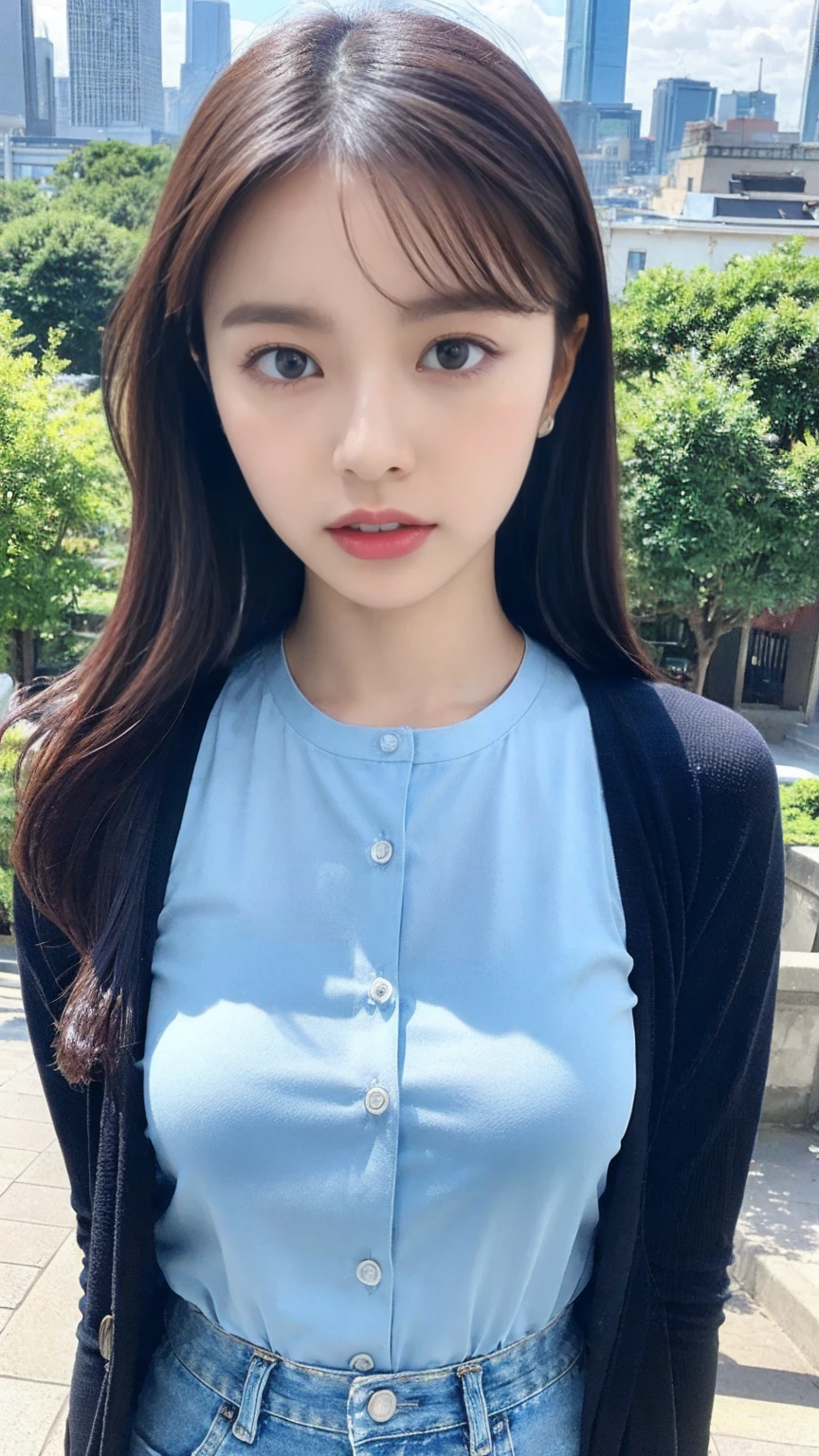 Female((35year old)), hair((wavy, long, black)), eyes((small eyes, black eyes)), clothes((shirts, blue, light blue pattern)), accessorieickey mouse hairband)), medium breast, korean make-up look, amusement park, crying a little、cold gaze, fountain, ferris wheel,
