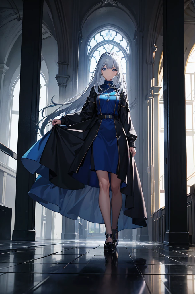 1woman, metallic hair, blue eyes, lab coat, dress, standing on ground, high res, ultra sharp, 8K, masterpiece
