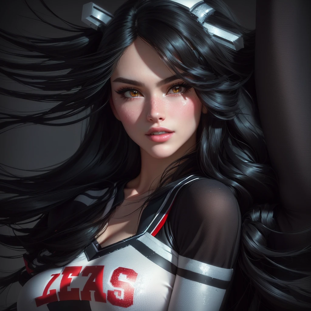 a close up of a woman with long black hair wearing a cheer uniform, deviantart artstation cgscosiety, cgsociety portrait, artgerm ; 3d unreal engine, hyperrealistic , 8k high quality detailed art, beautiful digital artwork, 3 d anime realistic, by Eddie Mendoza, photorealistic anime girl render, hyperrealistic fantasy art