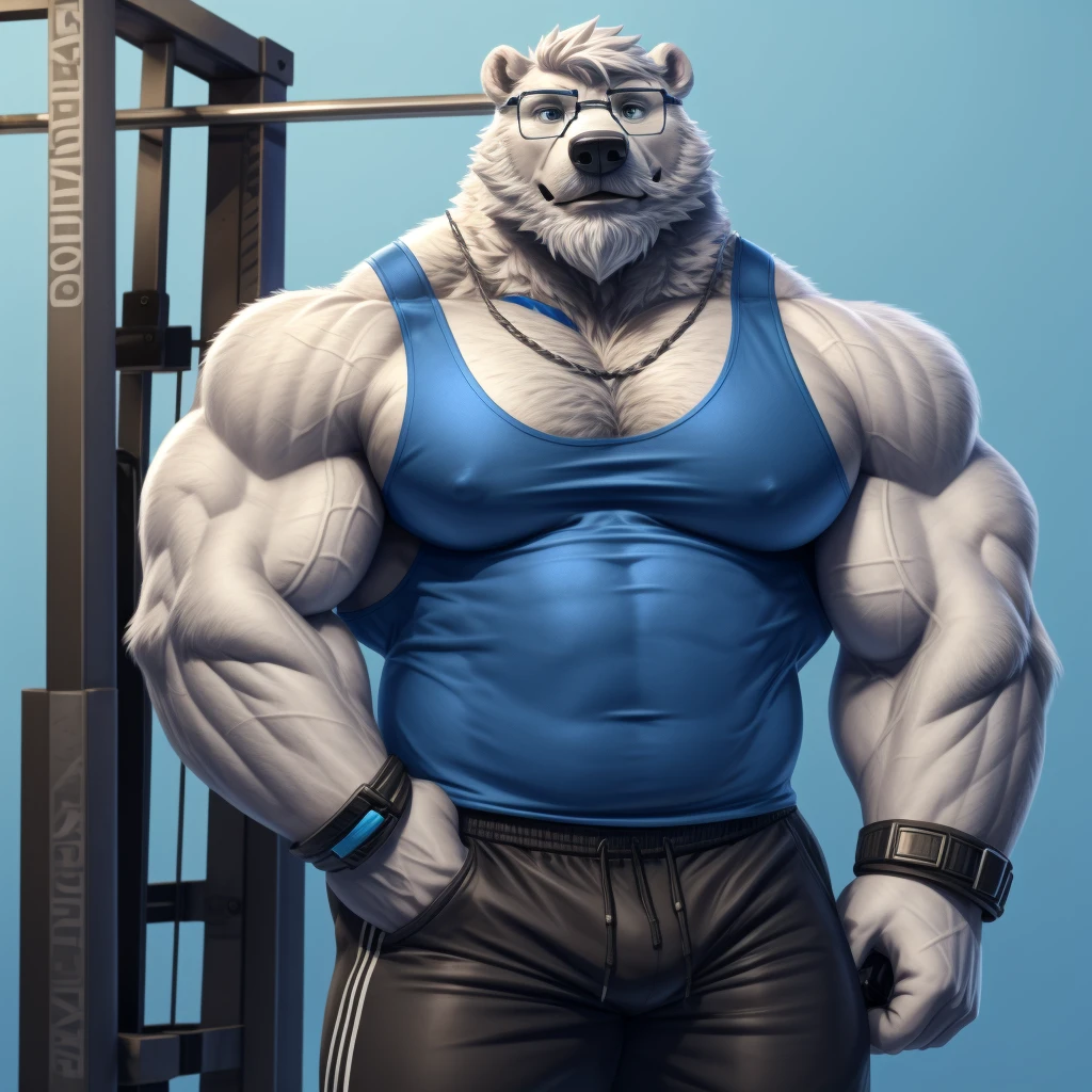 solo, 1boy, Huge Muscular old White Polar Bear wearing glasses, huge white fur, pectoral, huge pectoral, wide pectoral, short white hair, blue colored short pants, blue colored wristbands and blue colored tank top, white bearded, white Mustache, white fur, simple background, masterpiece, high detailed, 8k, high resolution, at the gym, bicep curls heavyweighted barbell