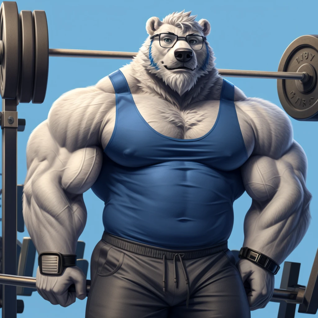 solo, 1boy, Huge Muscular old White Polar Bear wearing glasses, huge white fur, pectoral, huge pectoral, wide pectoral, short white hair, blue colored short pants, blue colored wristbands and blue colored tank top, white bearded, white Mustache, white fur, simple background, masterpiece, high detailed, 8k, high resolution, at the gym, bicep curls heavyweighted barbell