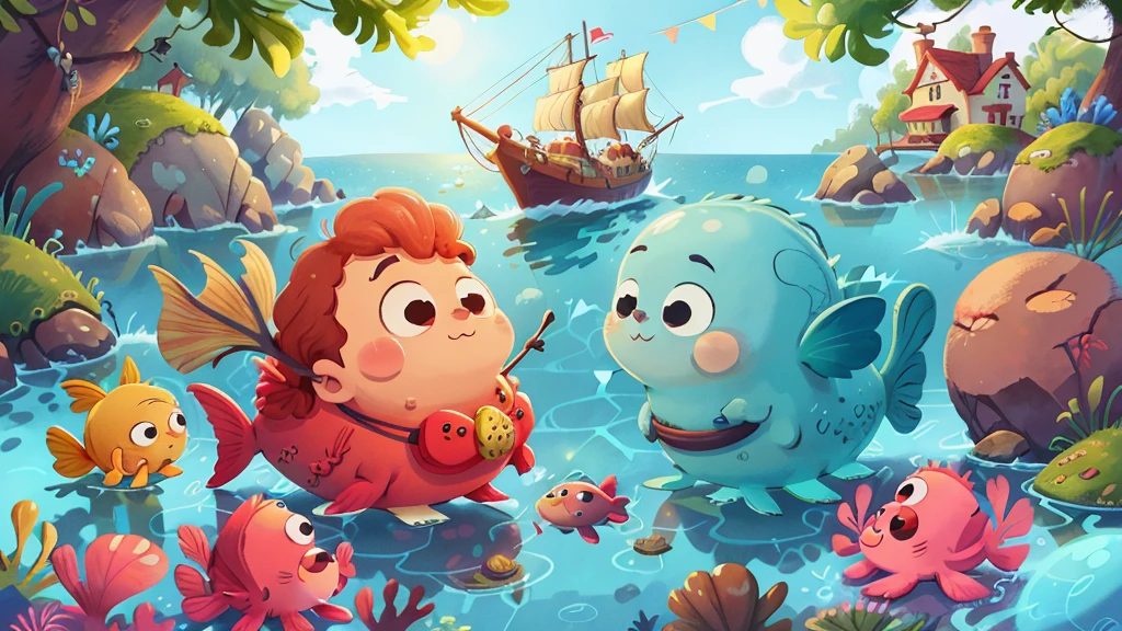 Nautical Mile，This illustration is a 4K high-definition illustration，The facial features are rich in detail，Cartoon Style，Cartoon Animals 5.1，cute，Fish School，Big fish，ocean，Waterweed，a fish，Sea，ocean元素