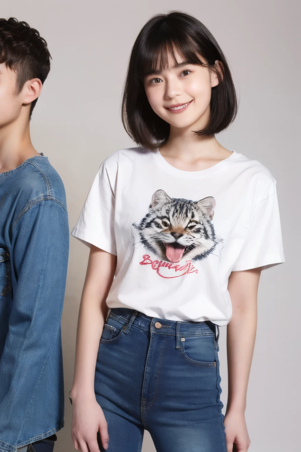 250 (An 18-year-old female and an 18-year-old male), (short hair),kind, lipstick, (jeans), (Animal charactersTshirt), smile