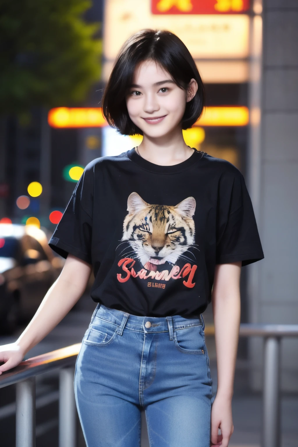 250 (An 18-year-old female and an 18-year-old male), (short hair),kind, lipstick, (jeans), (Animal charactersＴshirt), smile