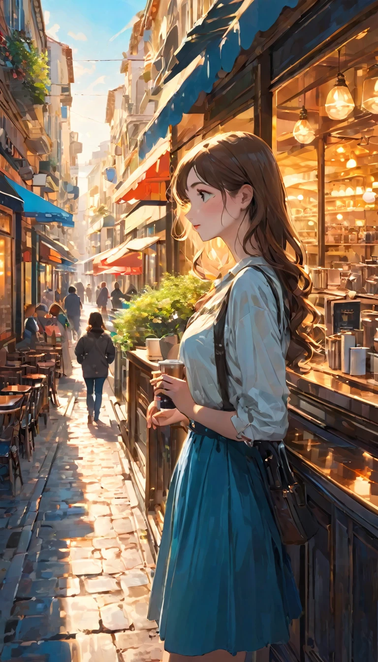 finely detailed illustration, best quality, masterpiece, vibrant color,High resolution、８ｋ、Beautiful girl、One Girl, Highest quality, masterpiece, so beautiful, Perfect composition, Intricate details, Cafe photo, sunny, architecture, Busy Street, super high quality, Very detailed、Very detailedな