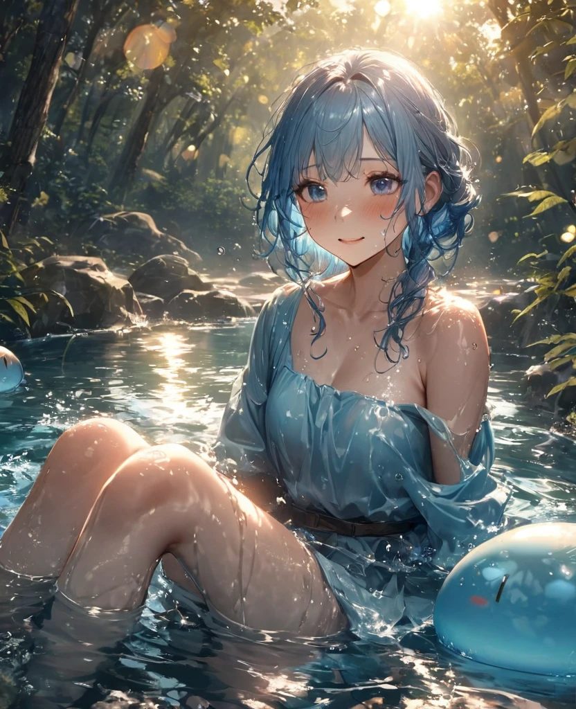 One person, Waterside in the forest、Sitting with feet in water、Having fun bathing in the water with slime、Little blue haired swordsman., Sit on the ground, Clear blue sky、Bokeh, depth、Fun Expressions、Portrait、Lens flare、Detailed illustrations、Realistic portrayal