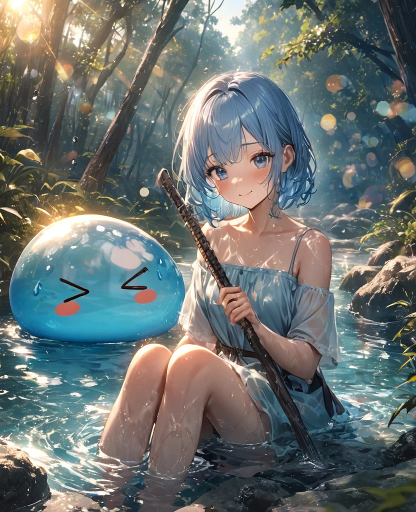 One person, Waterside in the forest、Sitting with feet in water、Having fun bathing in the water with slime、Little blue haired swordsman., Sit on the ground, Clear blue sky、Bokeh, depth、Fun Expressions、Portrait、Lens flare、Detailed illustrations、Realistic portrayal