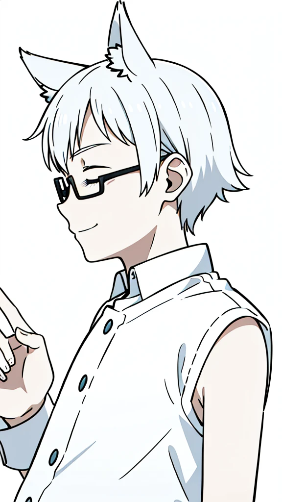 (1boy,10 years old,???),solo,happy,white hair,short hair,fox ears,white shirt,sleeveless,upper body,(white background,line drawing),white glasses,profile,smile,closed eyes
