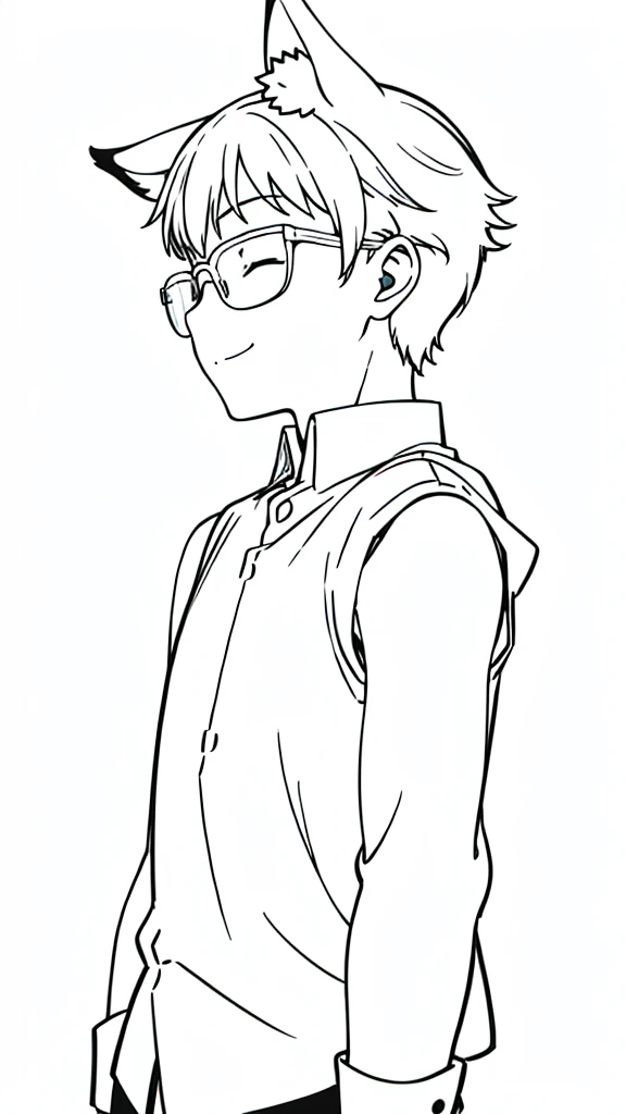 (1boy,10 years old,kid),solo,happy,white hair,short hair,fox ears,white shirt,sleeveless,upper body,(white background,line drawing),white glasses,profile,smile,closed eyes