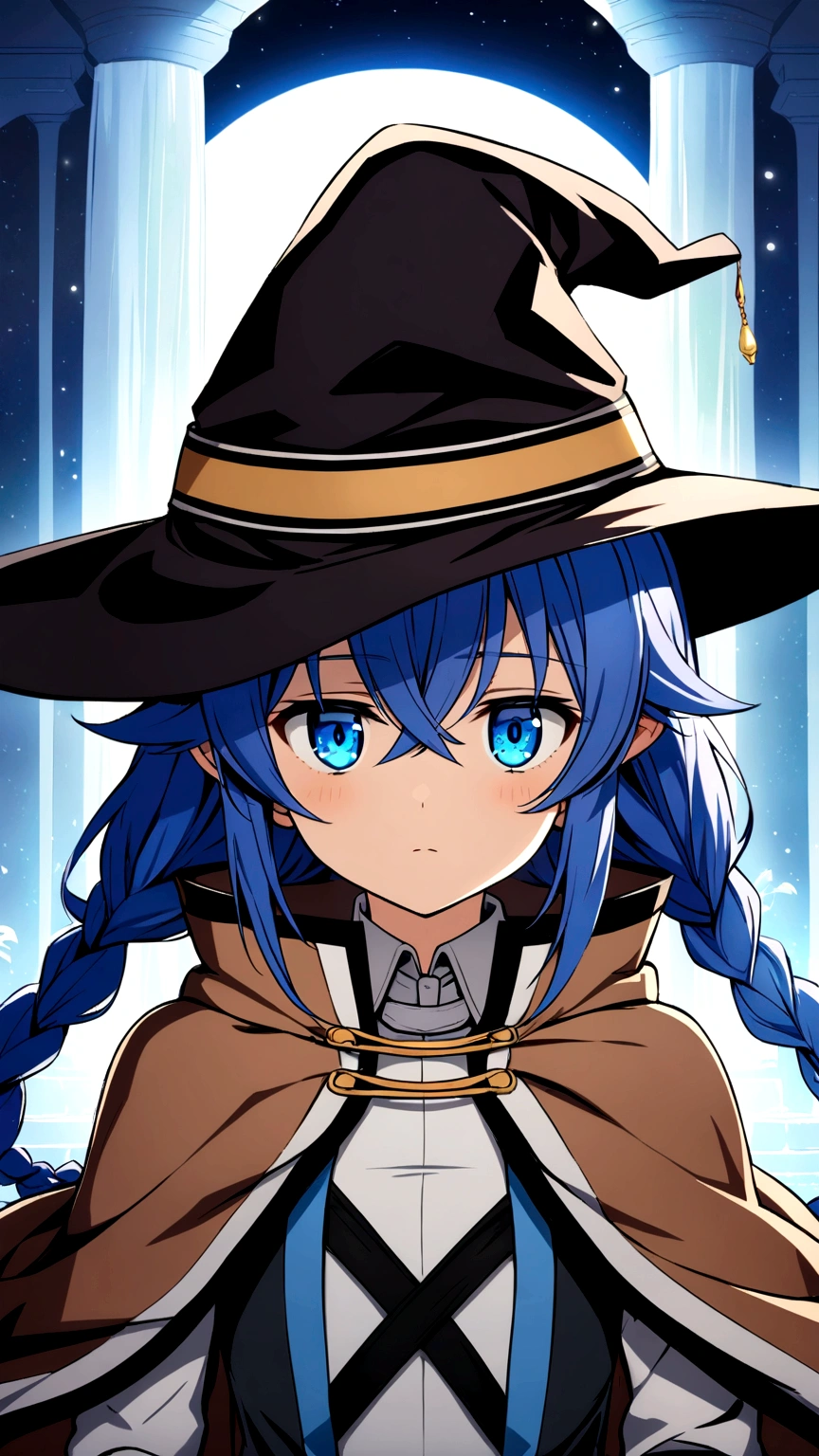 Roxy Migurdia, Highest quality, Amazing CG, Ultra HD, Carefully crafted down to the last detail, One Girl, bangs, Black Hat, Witch Hat, blue eyes, Blue Hair, Braiding, Brown cape, Floating Hair, Hair between the eyes, Beautifully detailed eyes, I'm in a hurry, Looking for something, Full body portrait,Medium Chest, The background is a fountain with a fantastic atmosphere., moon, night