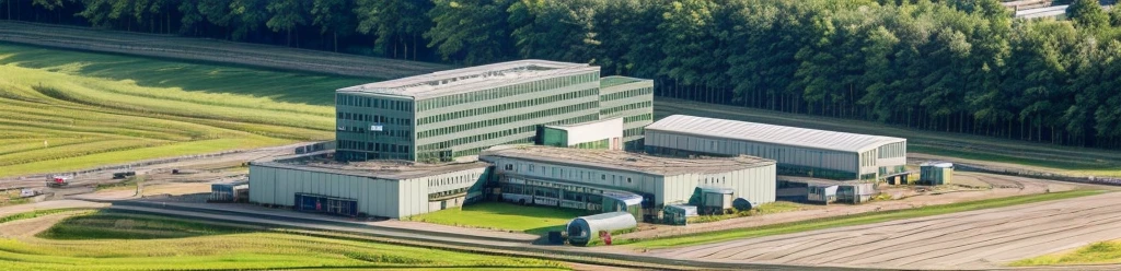 aerial view, master view, grass, day, line, curve, highquality, realistic photo, canon eos 5D mark, [[[architech1904]]], natural light, (realistic: 1.2), sharpen edge, factory, green architecture, green building, morden building.