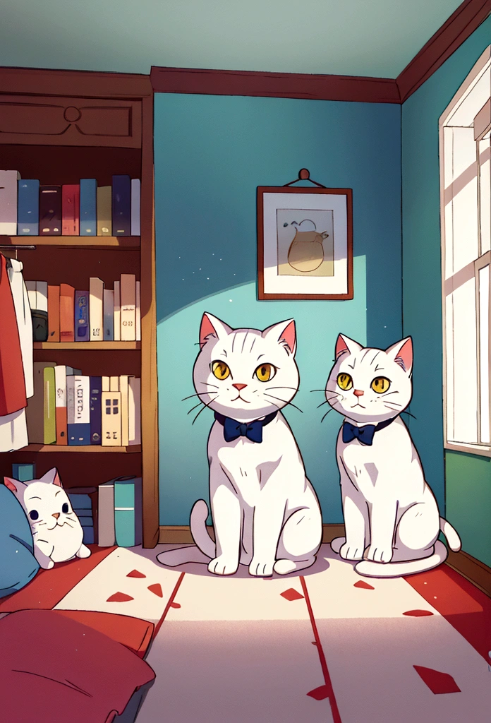 a White cat behind cushion on the floor in the room, long shot, distant camera