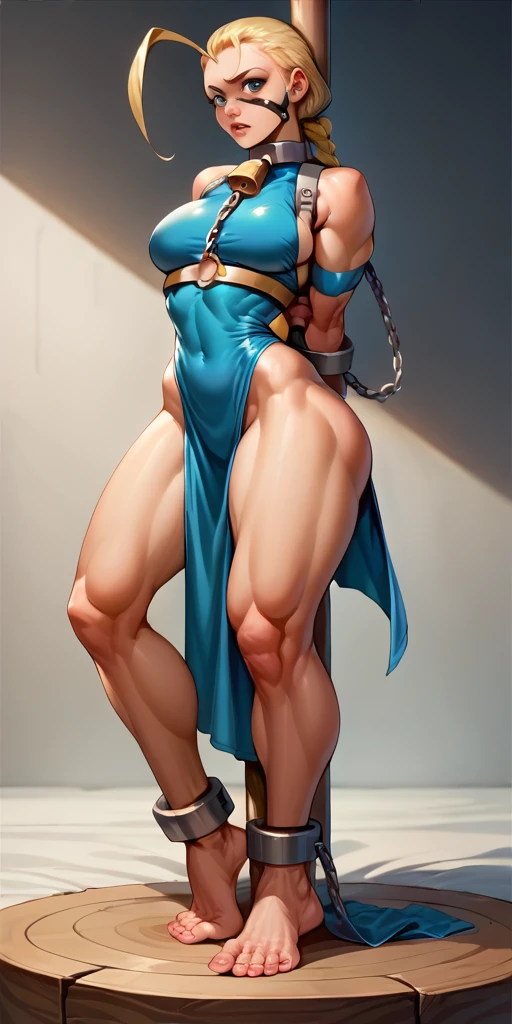 (Masterpiece, best quality), complicated details, 1sologirl Cammy White จาก Street Fighter (Stand with your big toes close to a wooden pole.:1.2) Iron cover, arms behind back, steel cuff, loop, binding, Slave outfit, Control and use, O-ring, Slave outfitไม่สวมเสื้อ, No pants. ,not wearing a bra, No pants.ชั้นใน, Cheeks flushed happily, chain leash collar choker neck bell loop wristbands bracers bracelets, gag